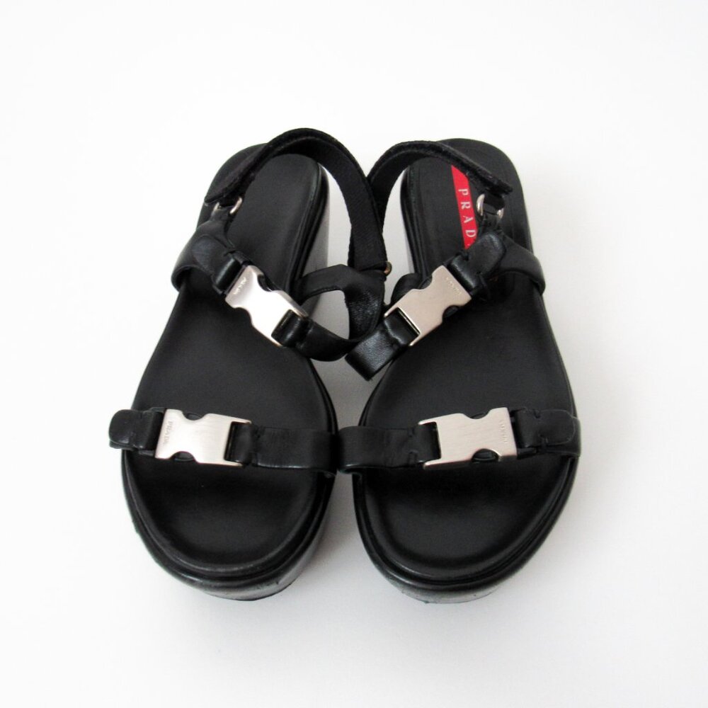 PRADA 90’s VINTAGE Black Sporty Open Toe Platform Sandals W/Metal Buckles Size-9 - Picture 14 of 14